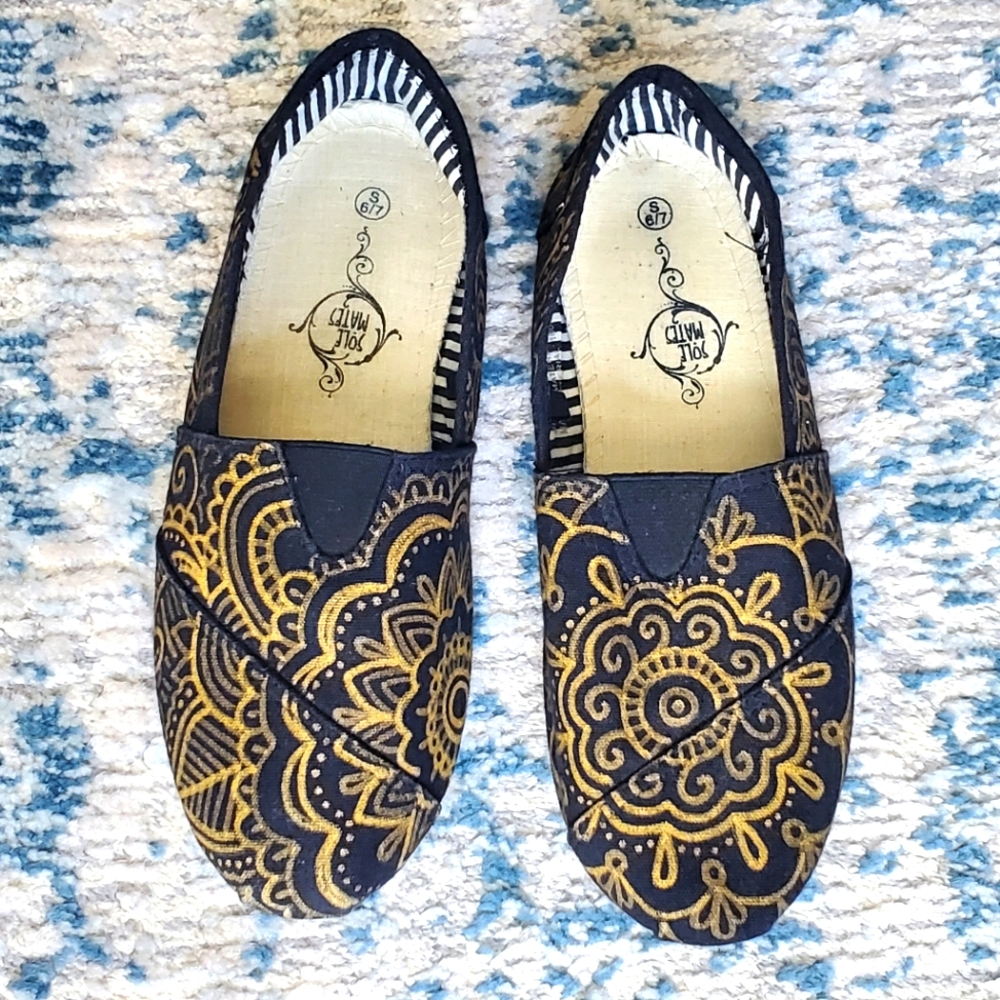 One of a Kind! Hand Painted Gold Mandala Canvas Slip-Ons
